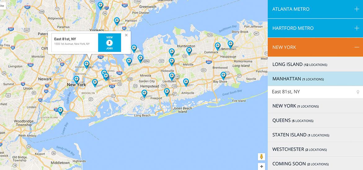Interactive map allows users to search job opportunities by location